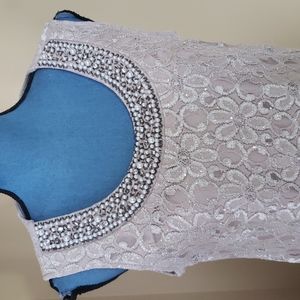 R&M Formal Taupe Lace Beaded Midi Dress